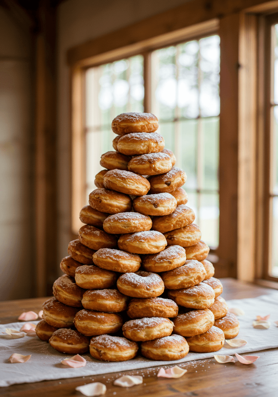 Golden croissant-donuts stacked in elegant pyramid formation on rustic wooden table in bright reception venue