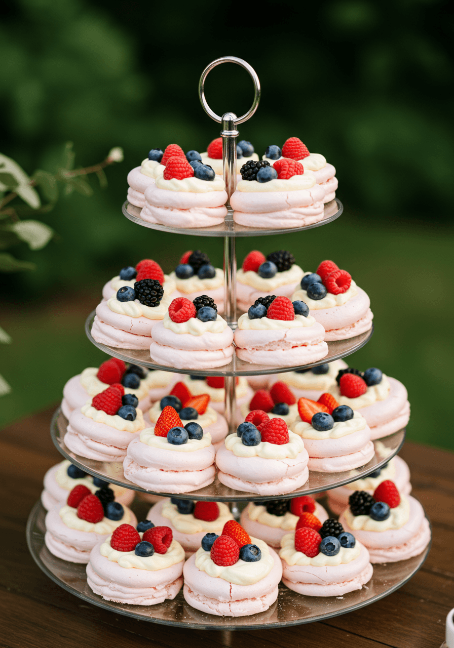 Close-up view of individual mini pavlovas with whipped cream and colourful berries on crystal serving stands