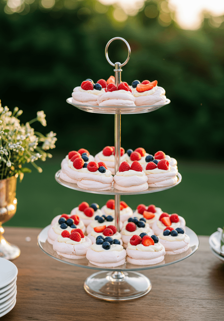 Three-tiered glass stand displaying mini pavlovas topped with fresh berries in elegant garden wedding setting