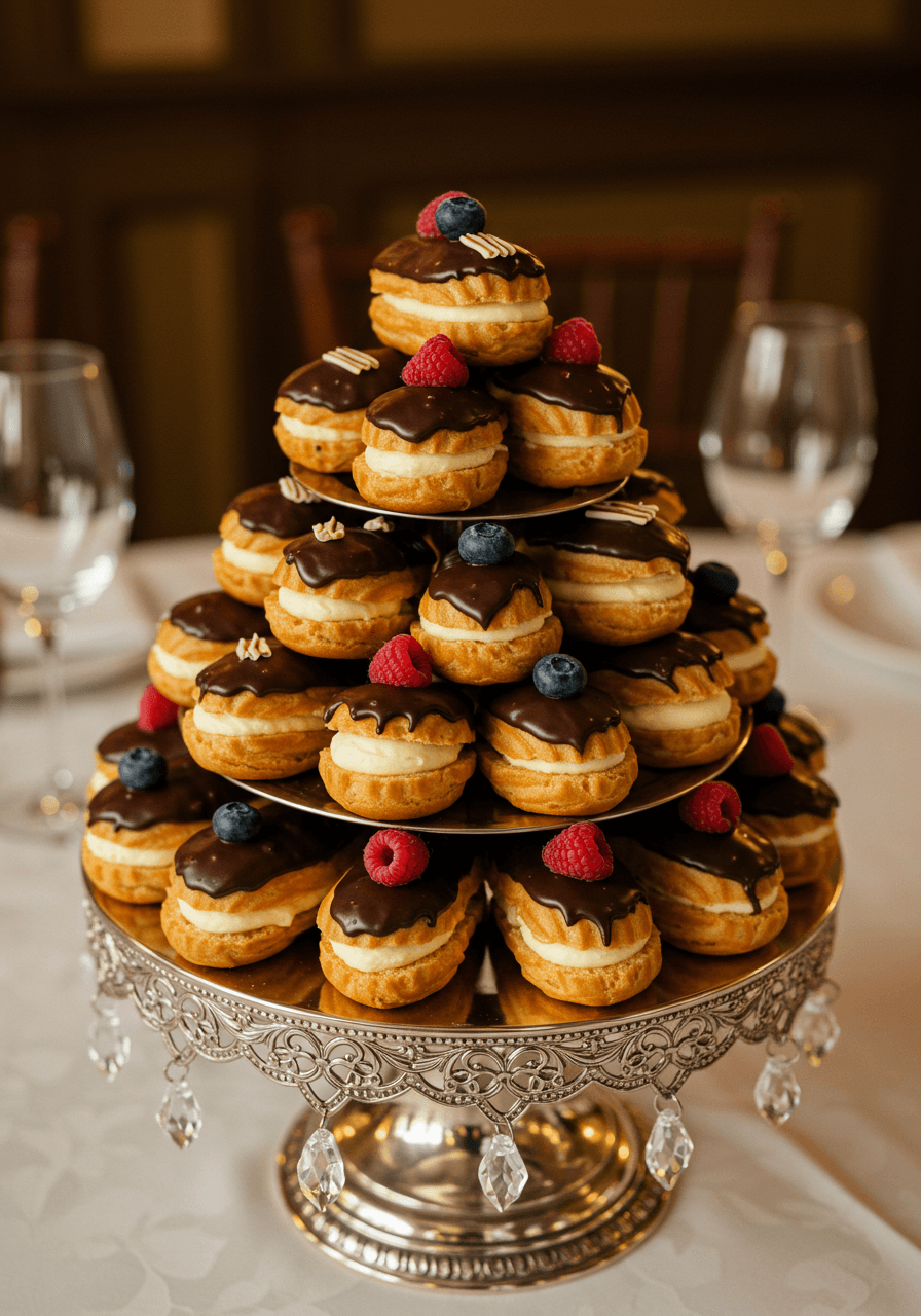 Close-up pyramid arrangement of individual French éclairs on ornate silver stand during golden hour lighting