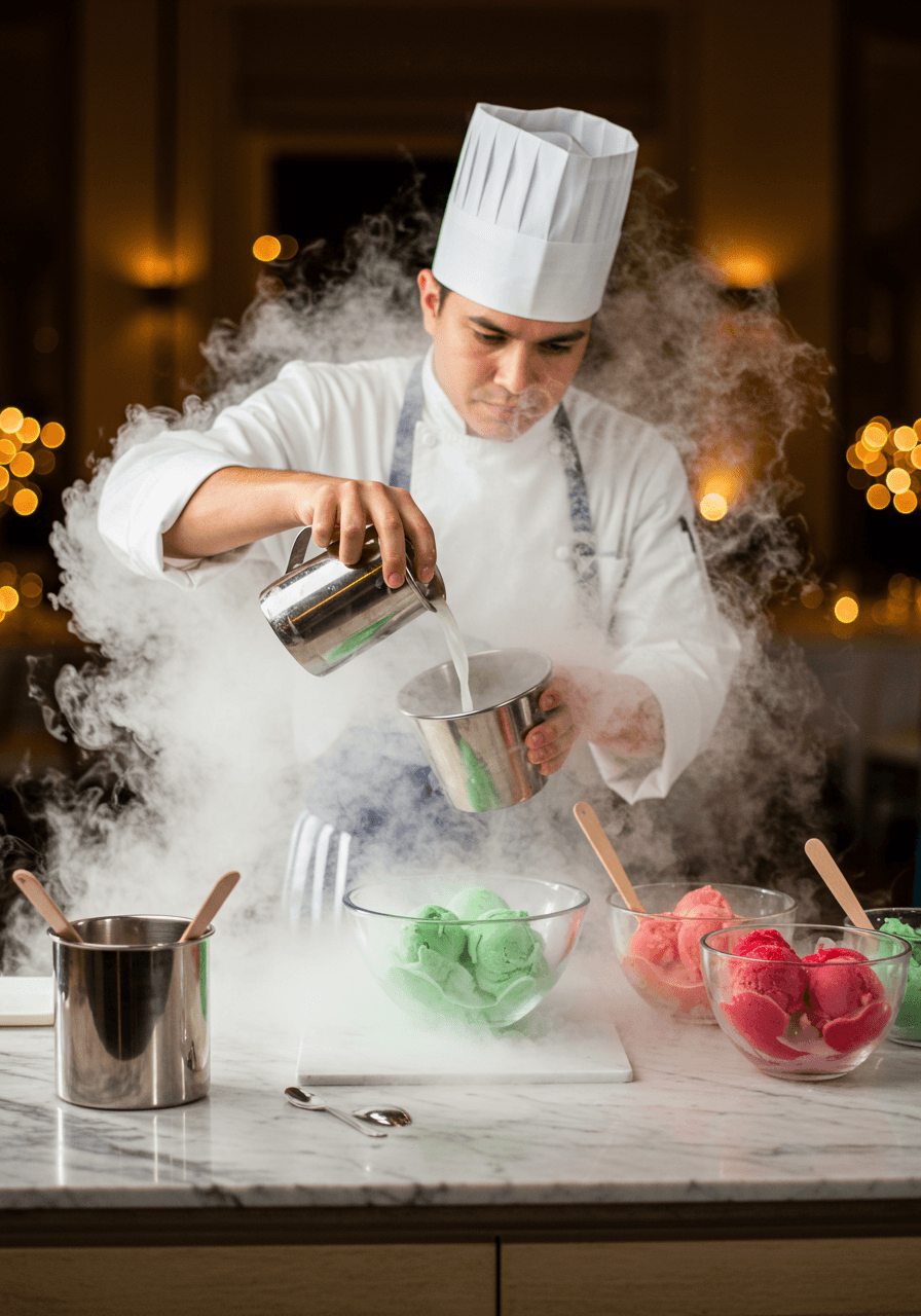 Professional chef in white coat dramatically pouring liquid nitrogen over colourful ice cream at elegant wedding dessert station