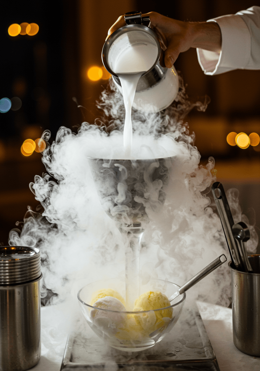 Close-up action shot of liquid nitrogen creating billowing white vapour clouds over ice cream preparation at wedding reception