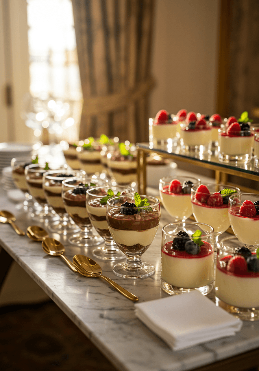 Luxurious dessert bar featuring glass vessels with layered chocolate mousse and panna cotta on marble station