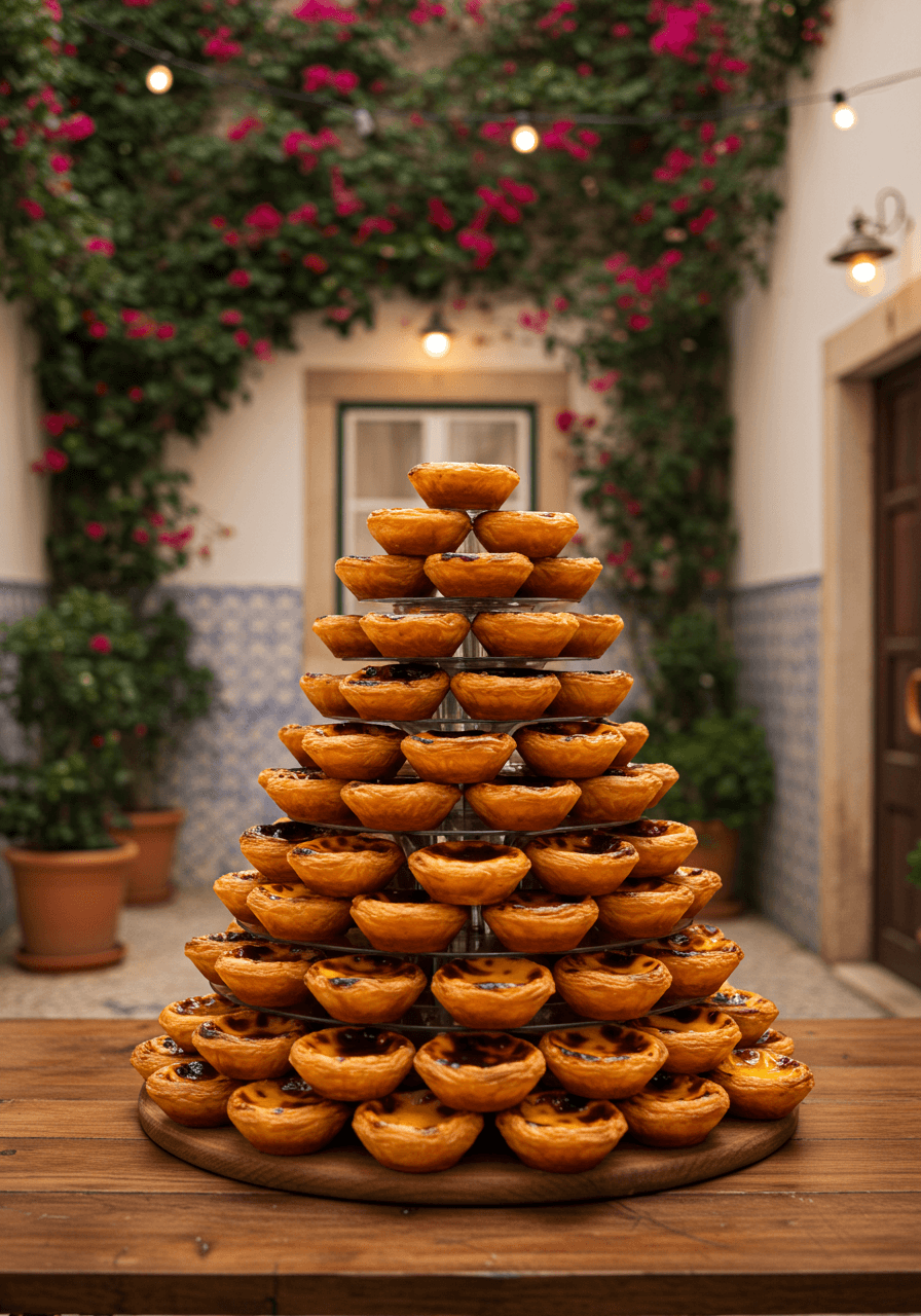 Magnificent tower of golden Portuguese egg tarts arranged in elegant tiered display in charming courtyard setting