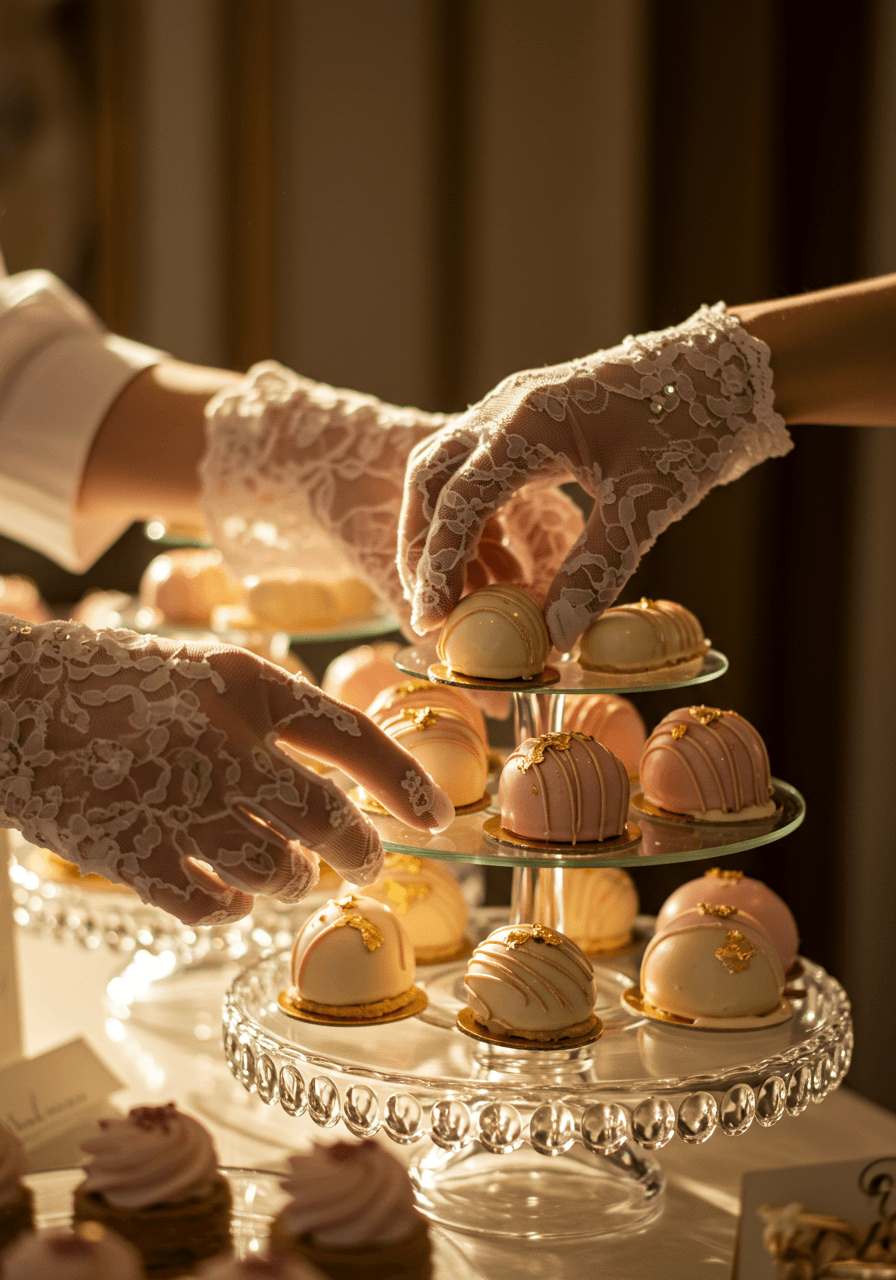 Hands in delicate lace gloves selecting rose gold cakesicle from tiered glass display in upscale patisserie