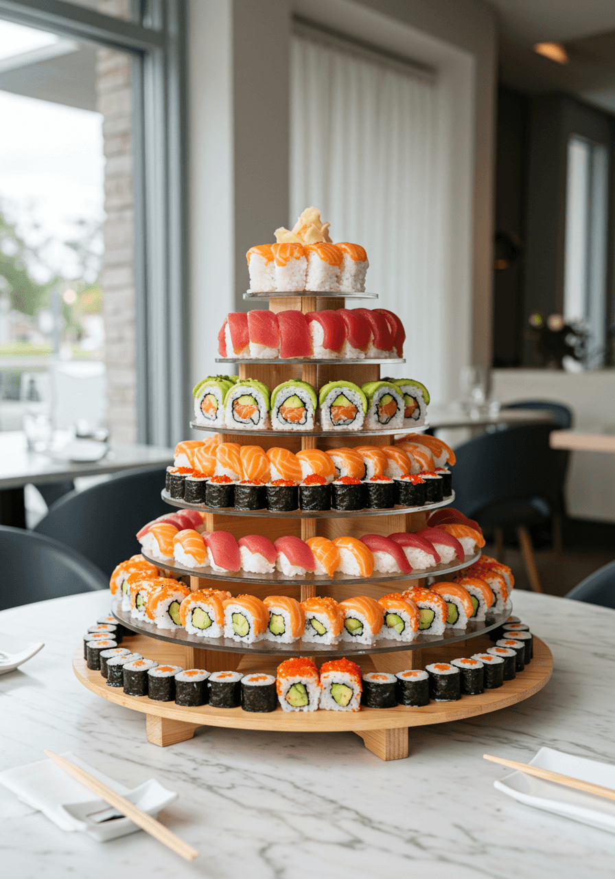 Multi-tiered sushi display arranged in wedding cake shape on white marble table in modern minimalist setting