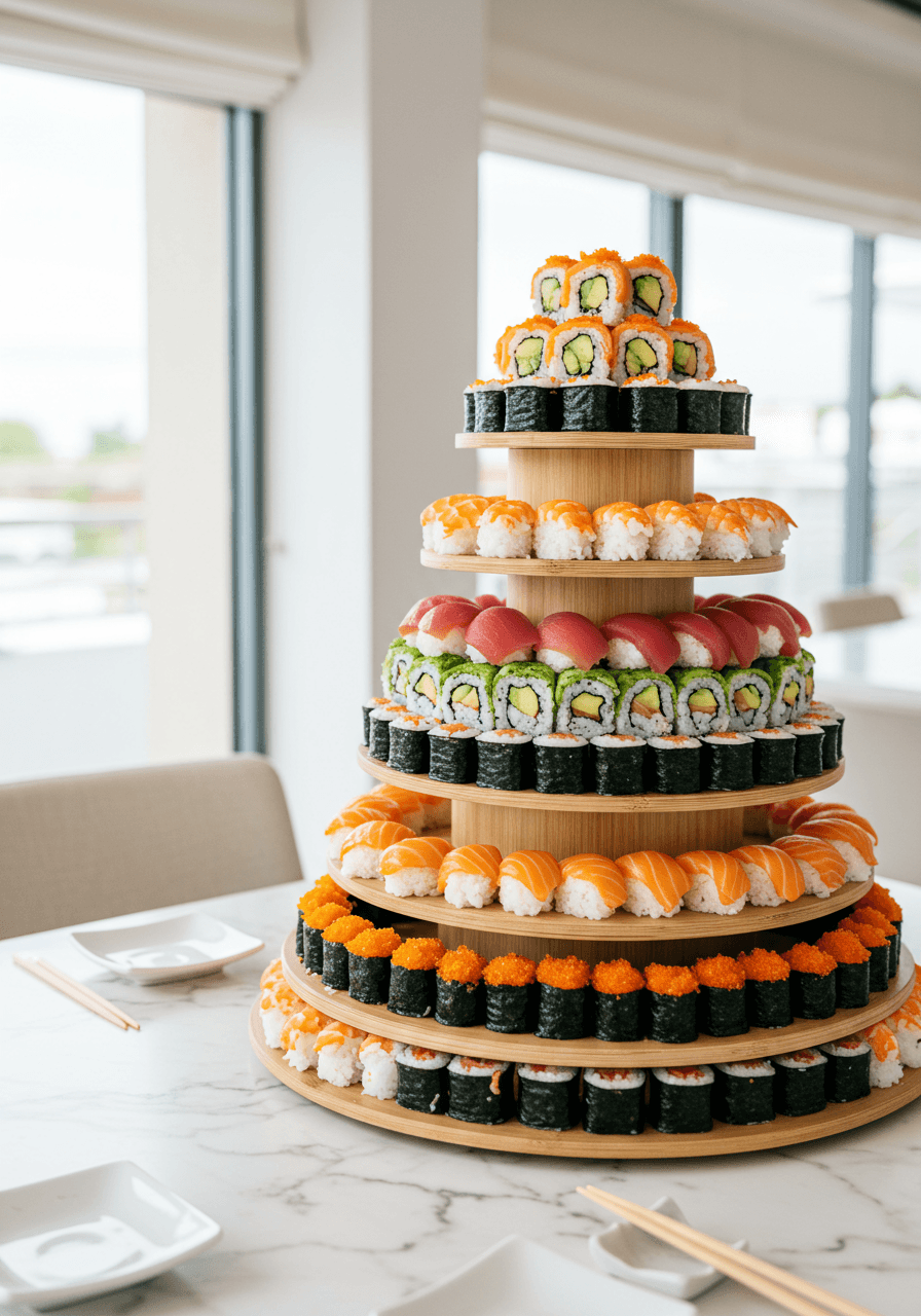 Close-up detailed view of colourful sushi tower centerpiece with salmon, tuna, and avocado arrangements