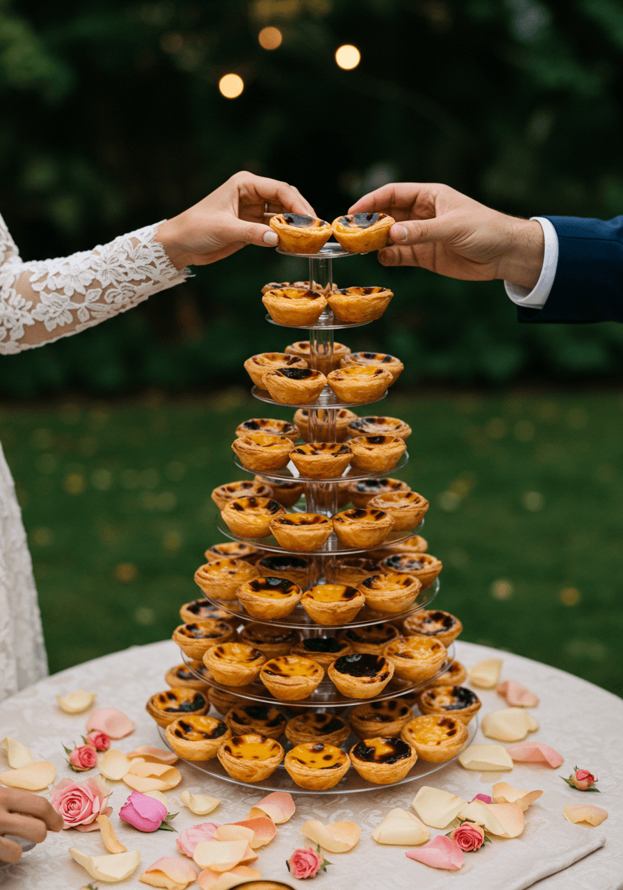 Bride and groom's hands reaching for Portuguese egg tarts from spiral tower arrangement on lace-covered table