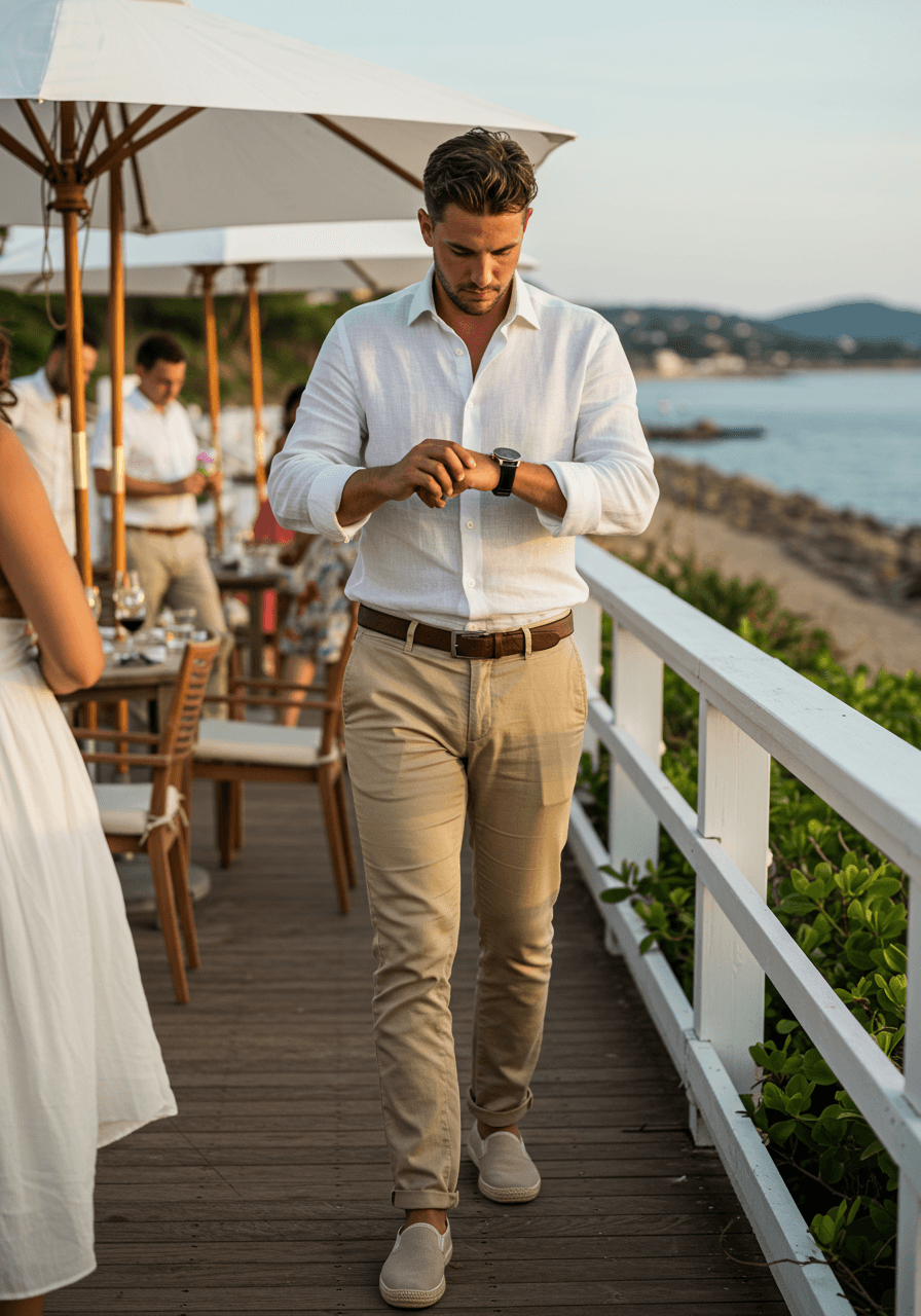 Wedding guest in ivory linen shirt adjusting watch on beachfront terrace