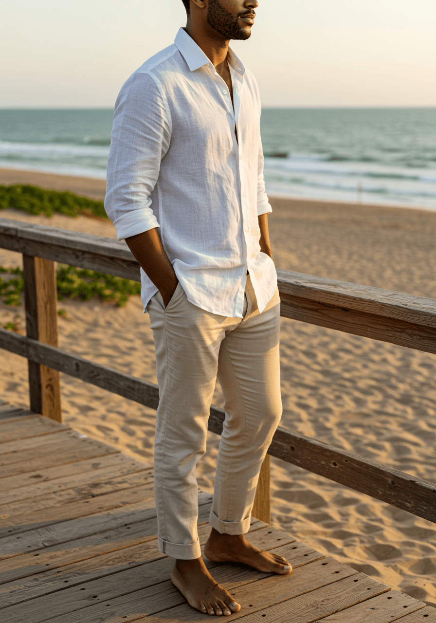 Male guest in white linen shirt and beige trousers on beach boardwalk during golden hour