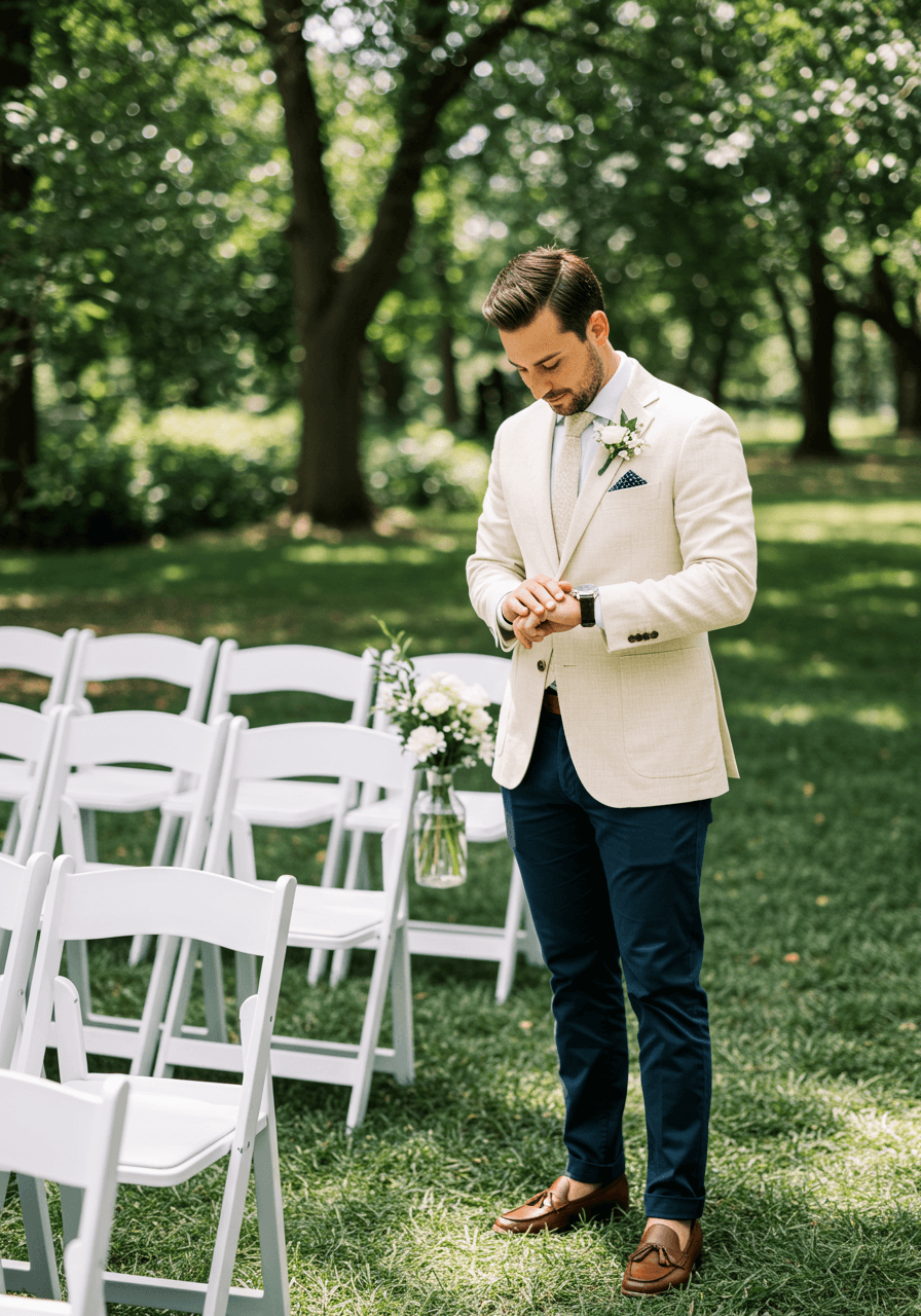 Wide shot of seersucker-clad wedding guest checking watch in bright sunlight