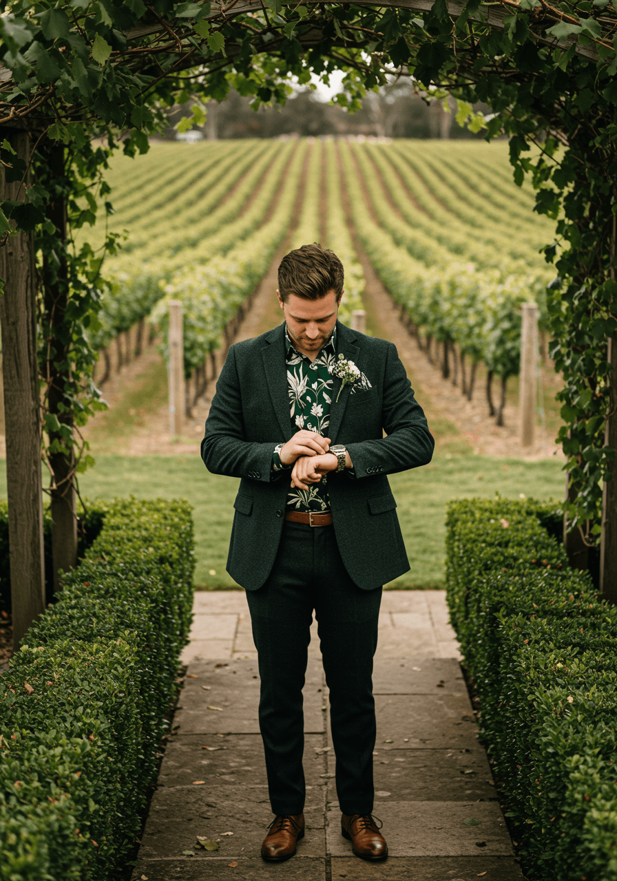 Wide landscape shot of guest in botanical print shirt walking vineyard pathway