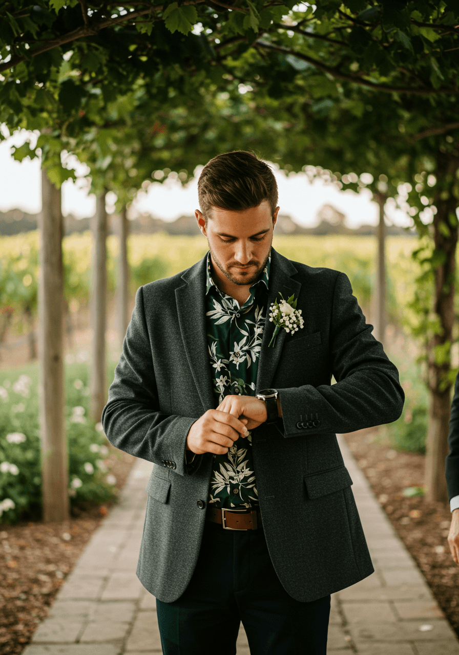 Dapper guest in emerald botanical print shirt adjusting sleeve at vineyard wedding
