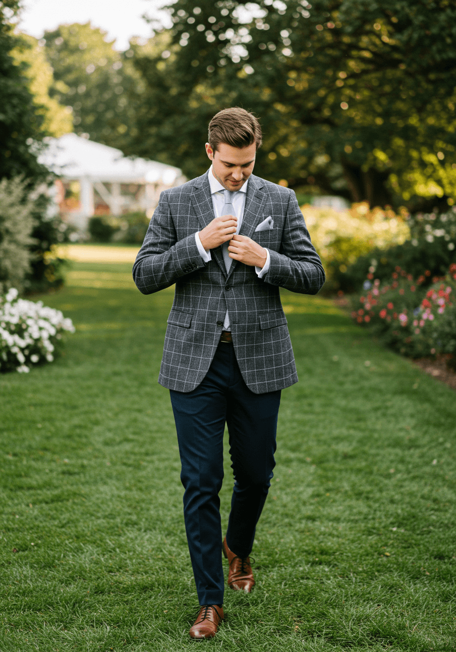 Dapper guest in charcoal windowpane check sport coat walking across garden lawn