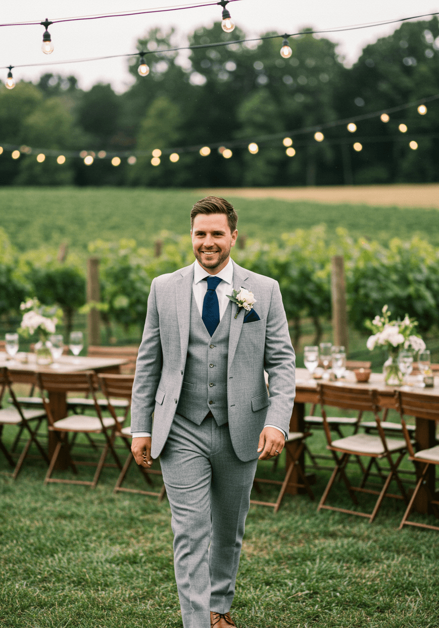 Dapper guest in light grey suit walking through vineyard reception area
