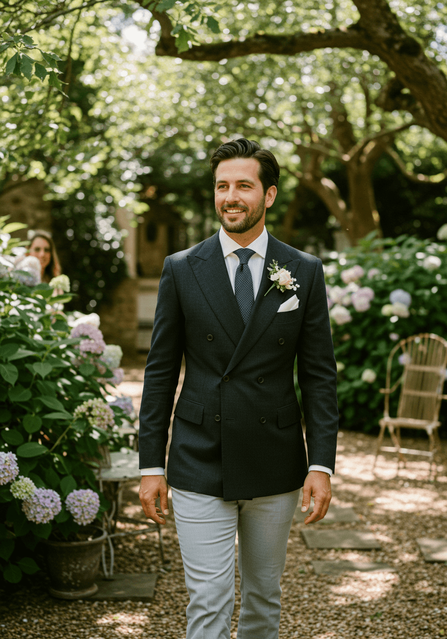 Well-dressed guest in charcoal double-breasted blazer walking through garden courtyard