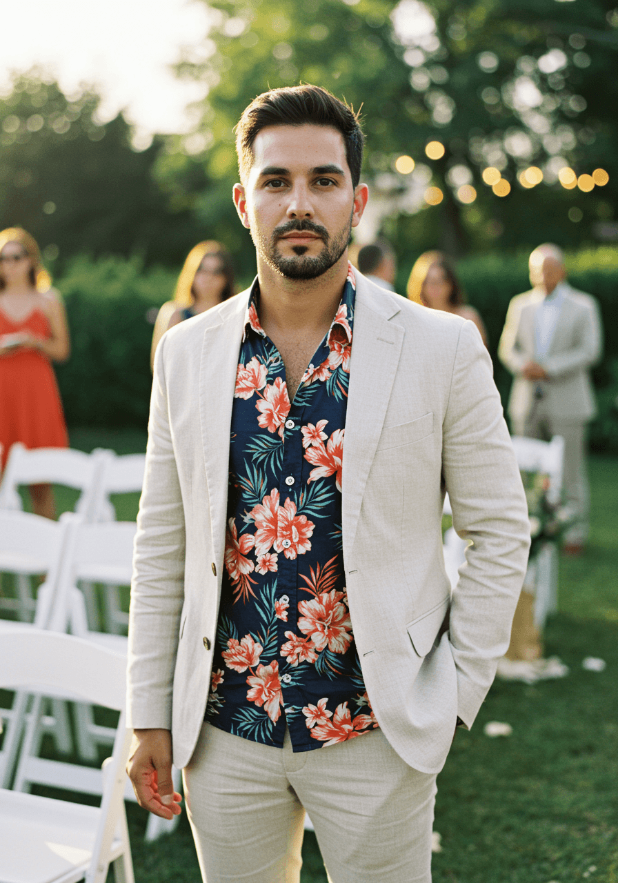 Stylish guest in tropical floral shirt and linen blazer near white ceremony chairs