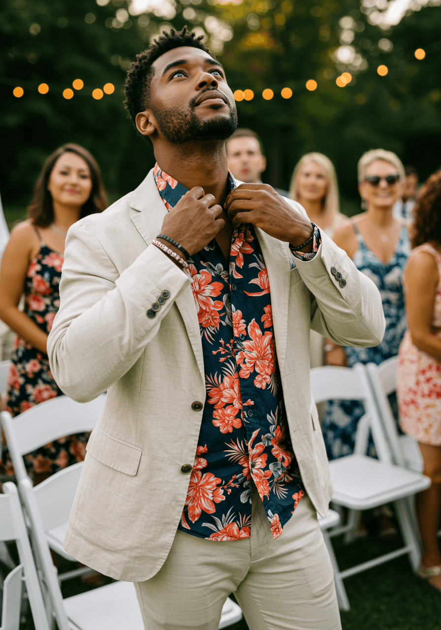 Guest adjusting collar of bold floral shirt during golden hour