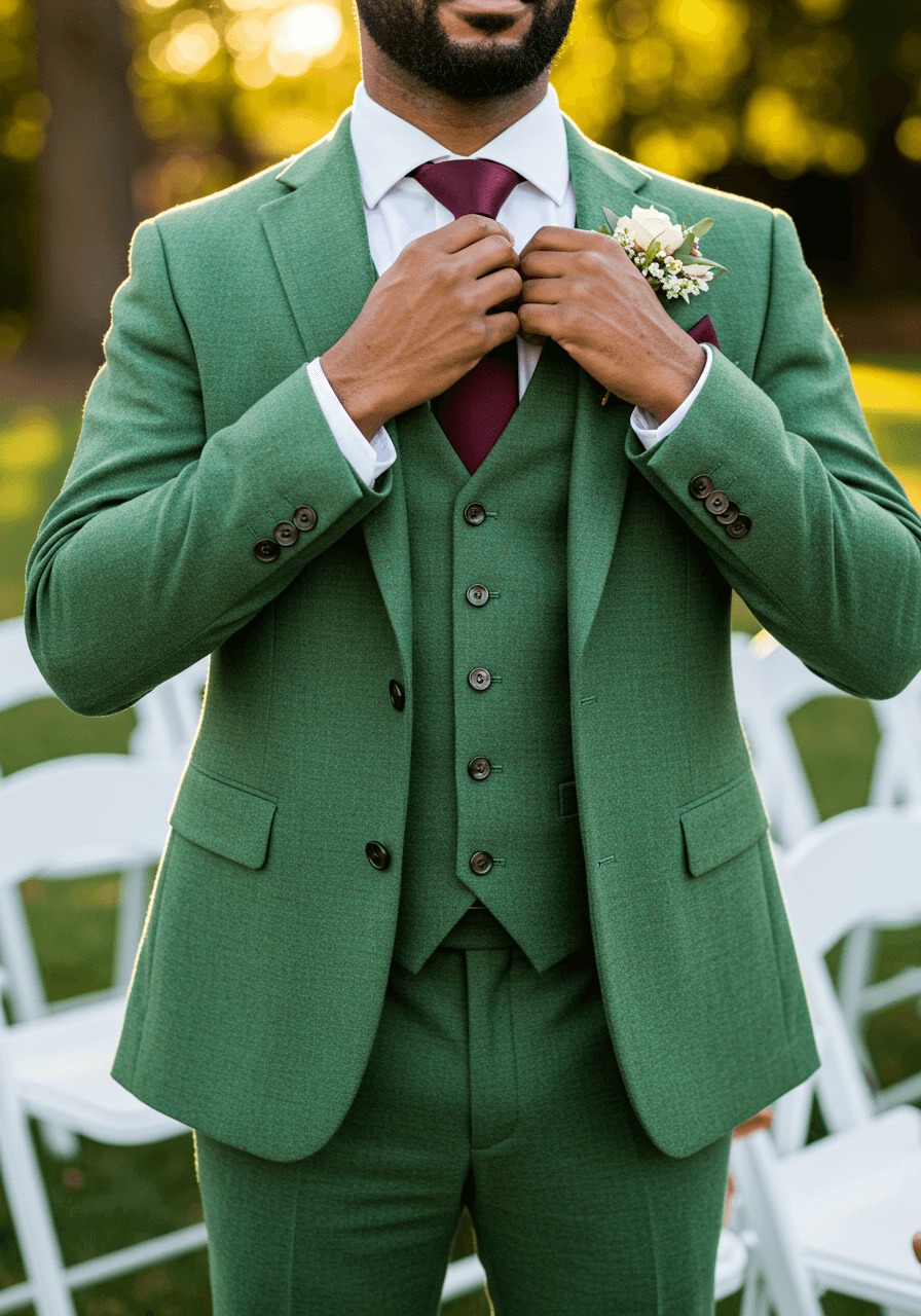 Wedding guest adjusting burgundy tie detail in sage green suit