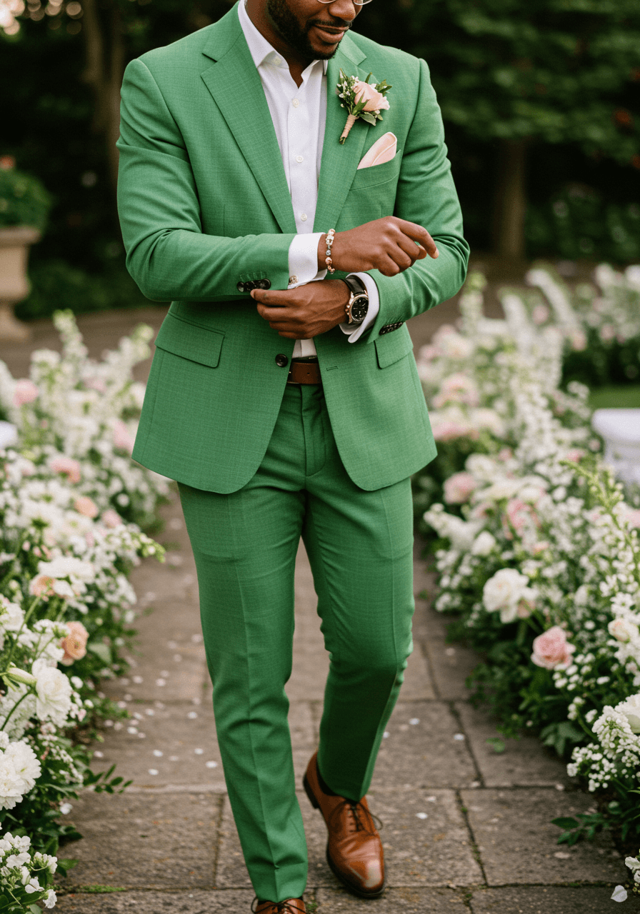Sage green suit with light pink pocket square, guest adjusting cufflinks on stone pathway