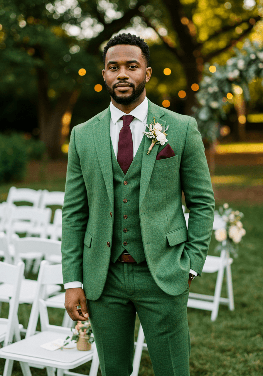 Bold sage green three-piece suit with burgundy tie near white garden chairs