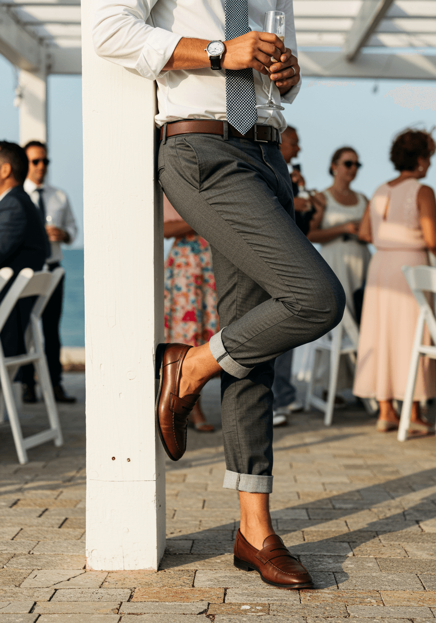 Male guest in brown penny loafers leaning against pergola at seaside wedding