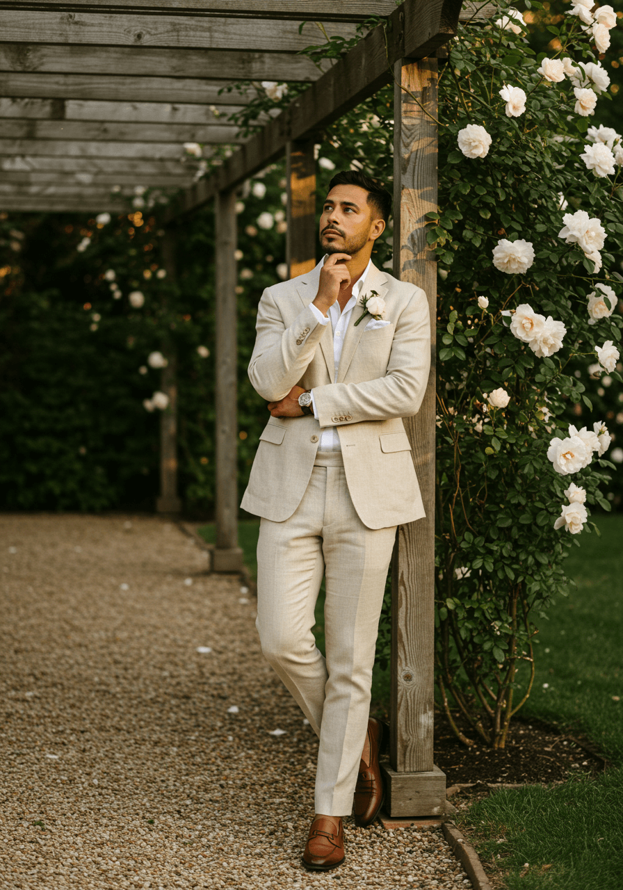 Close-up of wedding guest in beige linen adjusting sleeve near white ceremony chairs