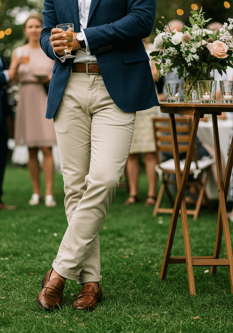 Brown leather loafers detail shot at outdoor wedding reception