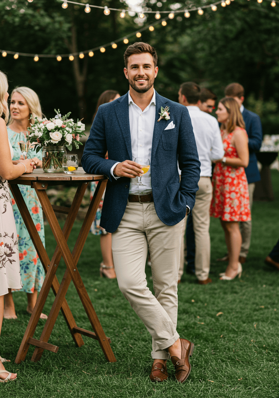 Stylish wedding guest in navy blazer and stone chinos near cocktail table