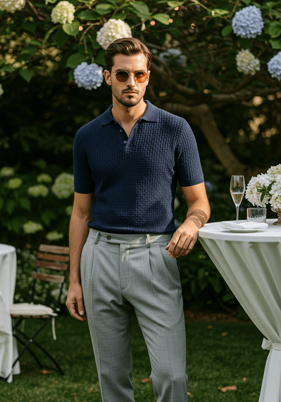 Wedding guest in navy knit polo and pleated grey trousers near cocktail table