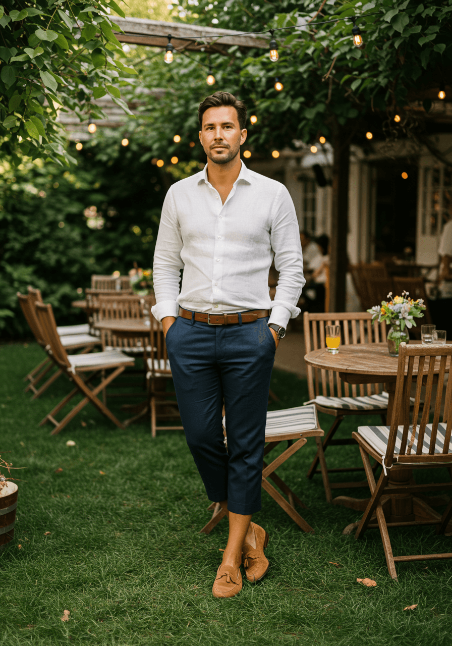 Wedding guest in tan suede loafers and navy cropped trousers near cocktail table