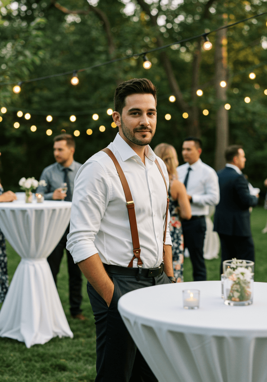 Wedding guest in white shirt and brown leather suspenders at cocktail reception
