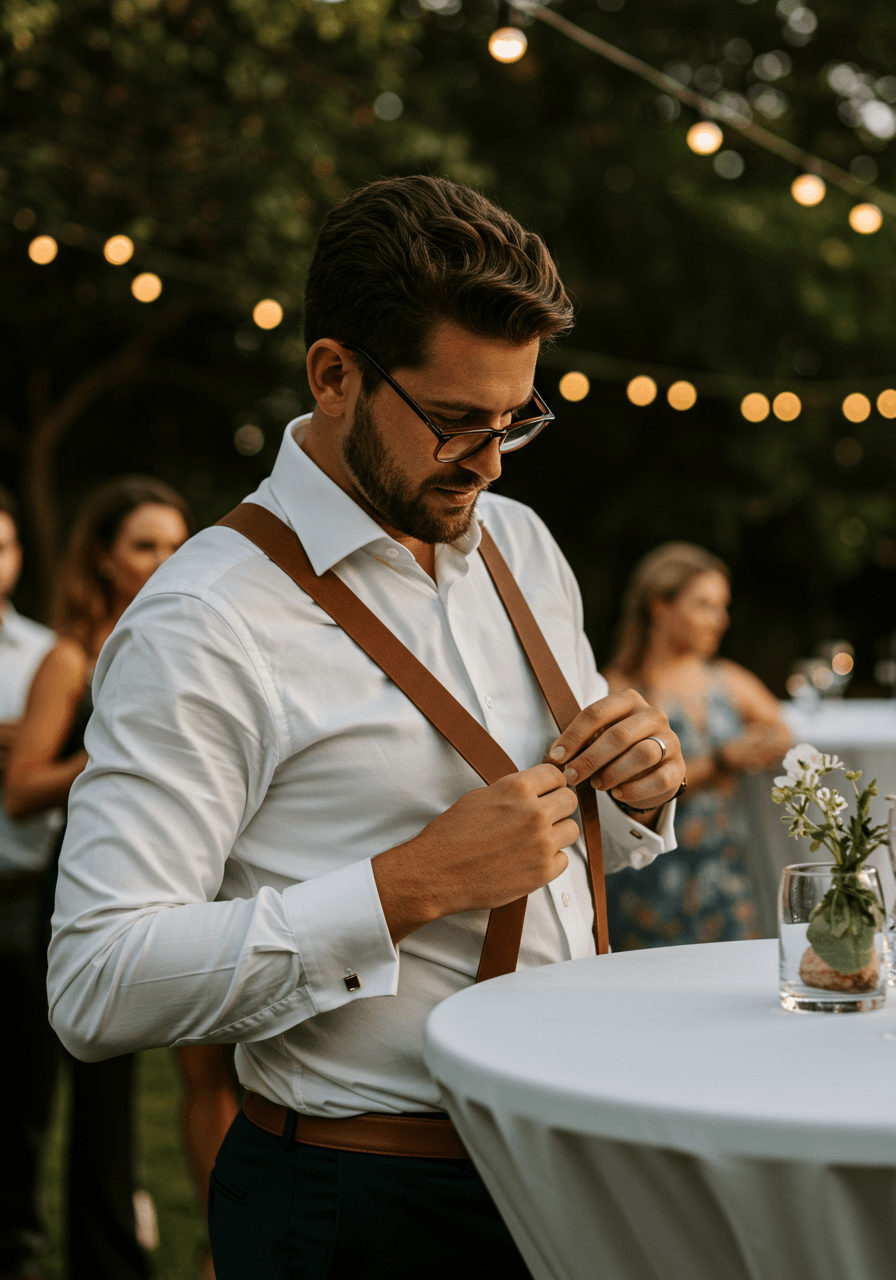 Dramatic close-up of suspender details during golden hour lighting