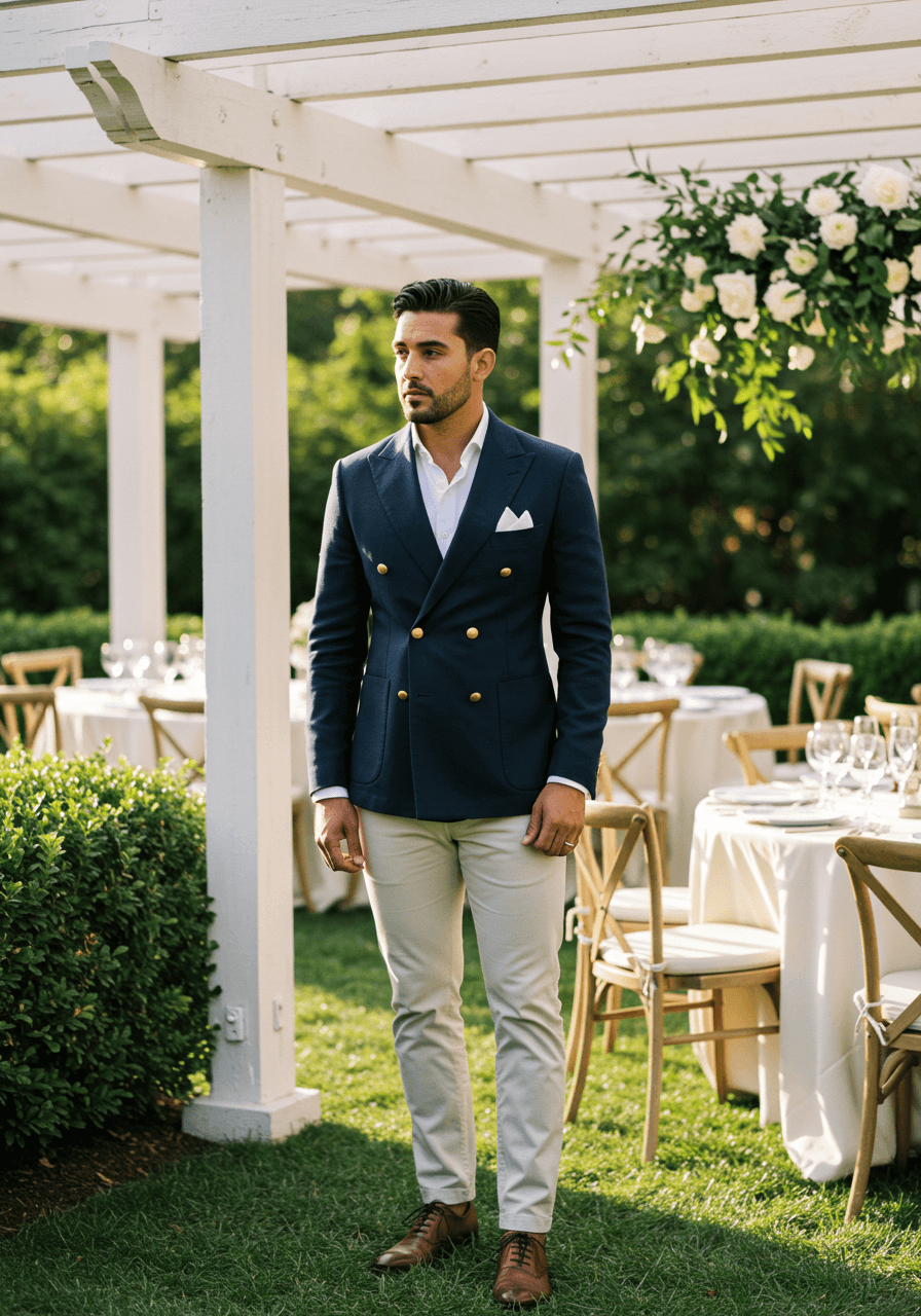 Confident man in navy double-breasted blazer with gold buttons near garden pergola