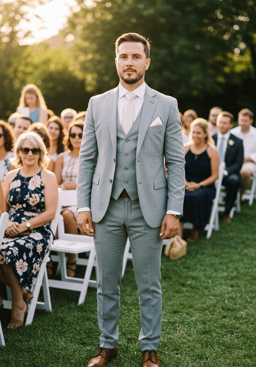 Stylish man in light grey three-piece suit during golden hour ceremony