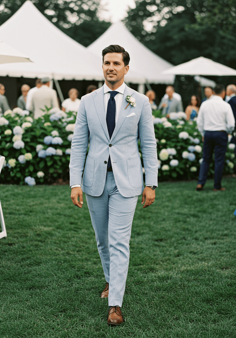 Male guest in light blue seersucker suit walking across garden lawn during golden hour
