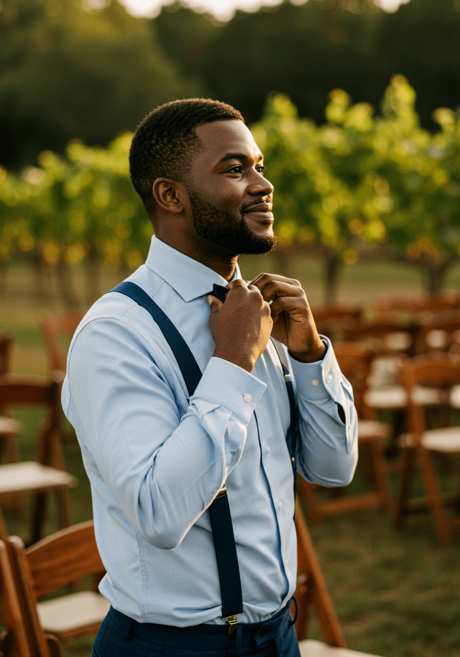 Confident wedding guest in light blue shirt with navy suspenders at vineyard ceremony