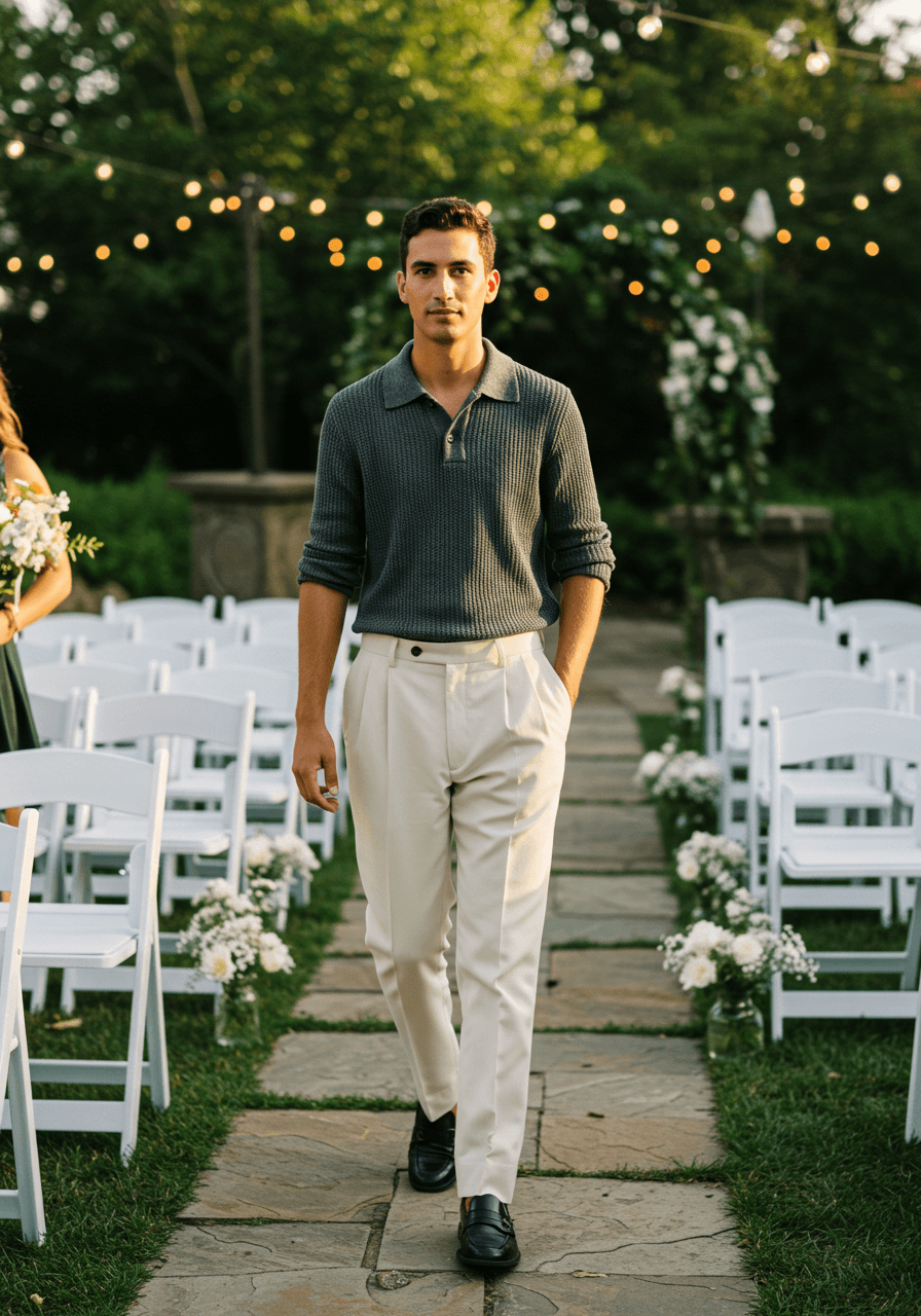 Male guest in charcoal polo walking between white ceremony chairs