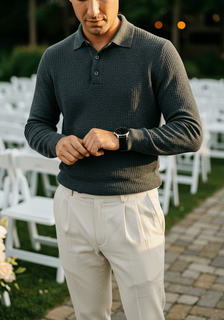 Close-up of guest adjusting watch while wearing charcoal knit polo