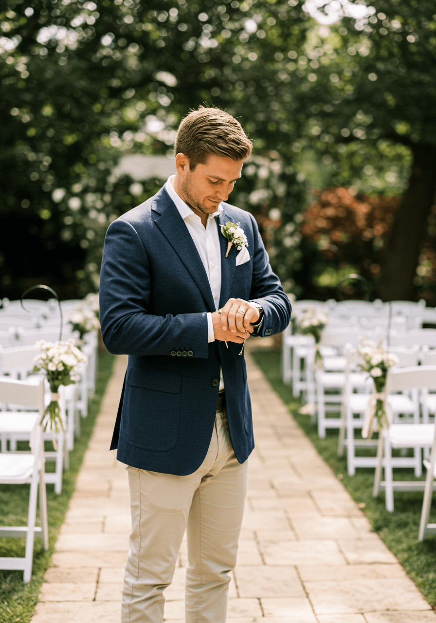 Wedding guest in navy blazer walking along stone pathway between ceremony chairs