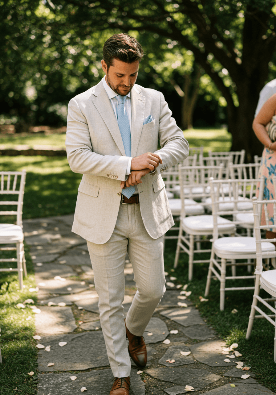 Wedding guest walking stone pathway with pale blue pocket square detail