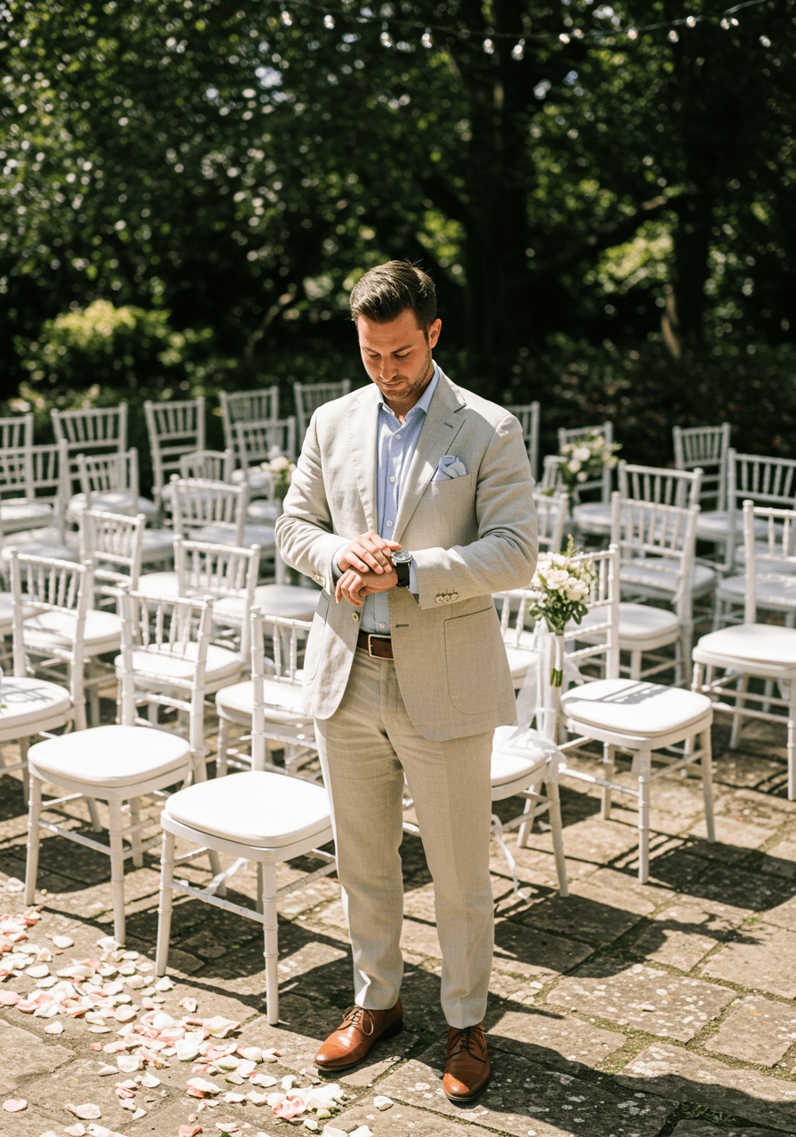 Male guest adjusting watch while walking past white ceremony chairs