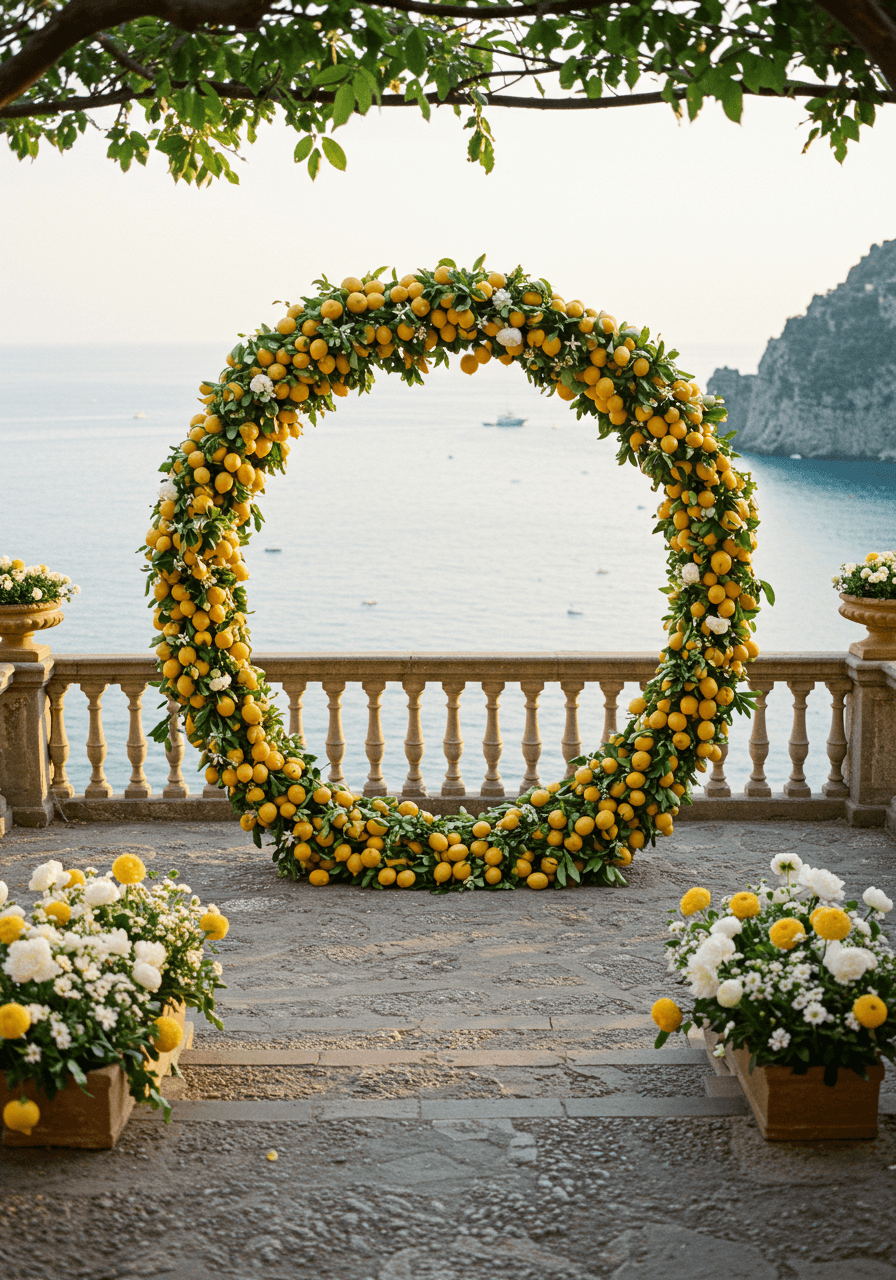 Lemon branch and peony wedding arch framing azure Mediterranean cove with weathered limestone steps descending to water