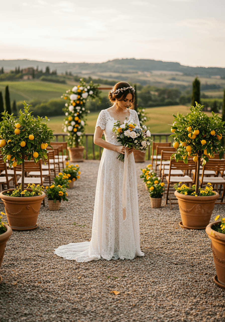 Bohemian bride in flowing lace walking down gravel pathway lined with potted lemon trees toward Tuscan vineyard ceremony at sunset