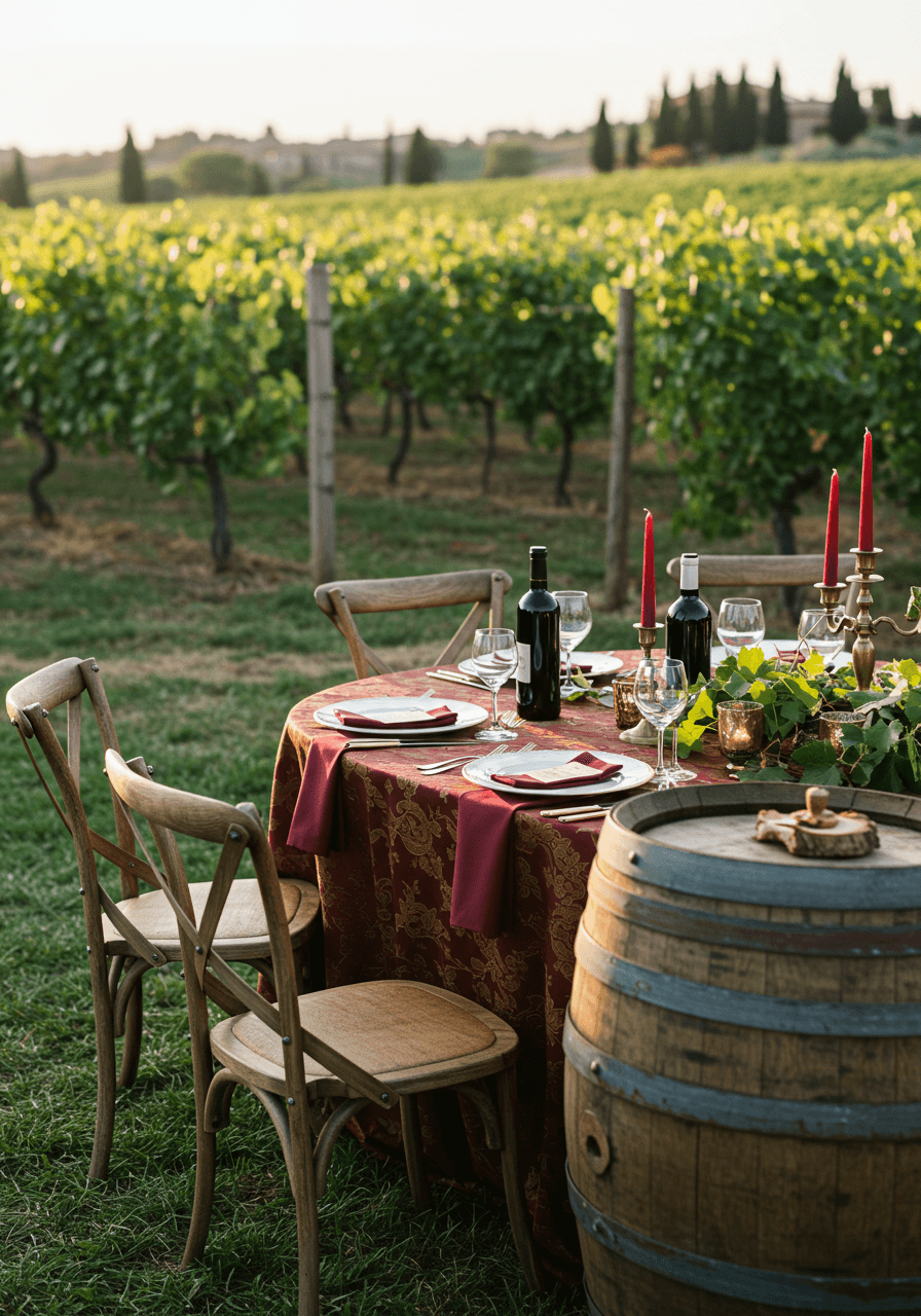 Chianti vineyard wedding table with burgundy linens, brass candlesticks, wine bottle centrepieces, and grape leaf accents amongst vine rows
