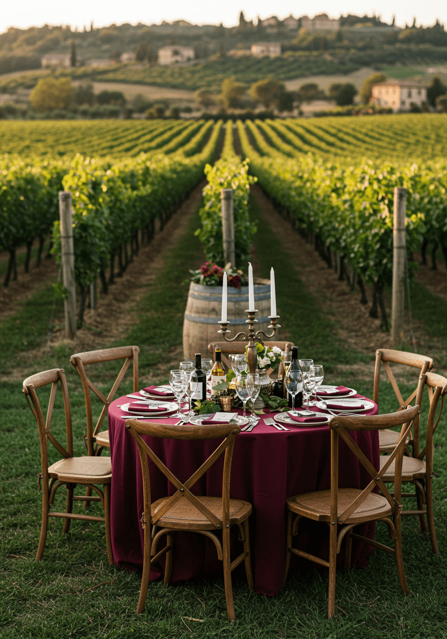 Ground-level view of rustic wooden wedding chairs and reception table with wine barrels set between Chianti grapevine rows at golden hour