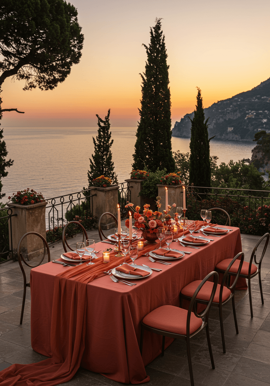Luxurious wedding tablescape on Italian clifftop terrace with burnt orange linens, terracotta plates, and Mediterranean coastline at golden hour