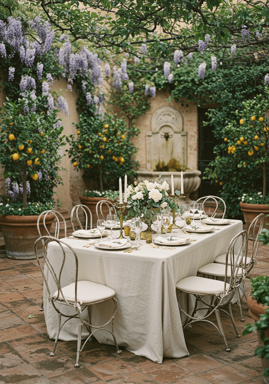 Outdoor dining table with ivory linens and gold chargers surrounded by potted lemon trees and hanging wisteria in Italian courtyard