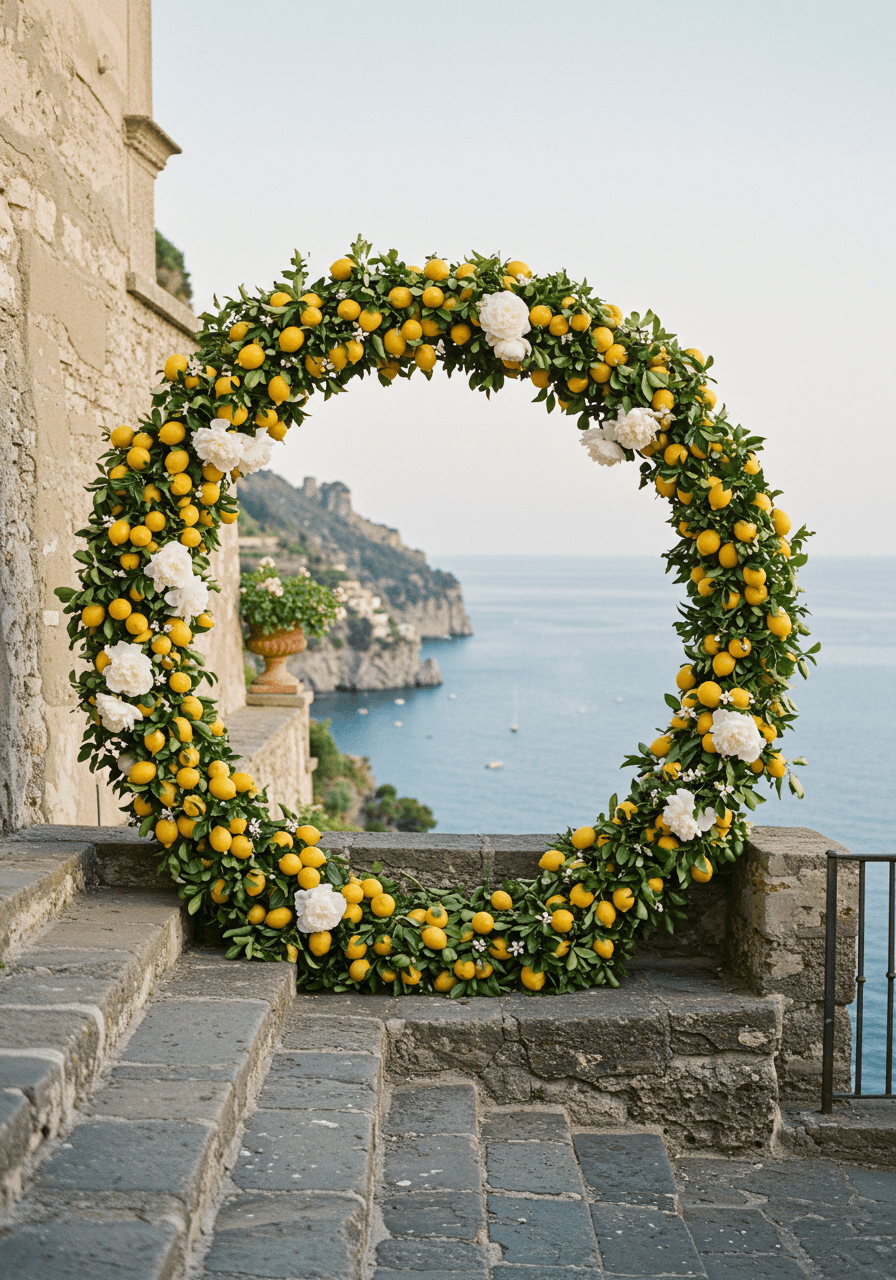 Circular wedding arch made from intertwined lemon branches with bright yellow fruit and white peonies above ancient Amalfi stone steps