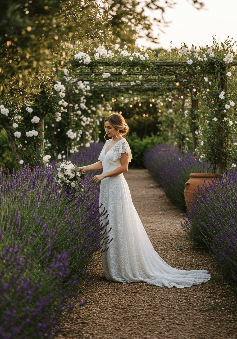 Bride in flowing bohemian lace dress with flutter sleeves walking through Italian garden with olive trees and lavender at golden hour